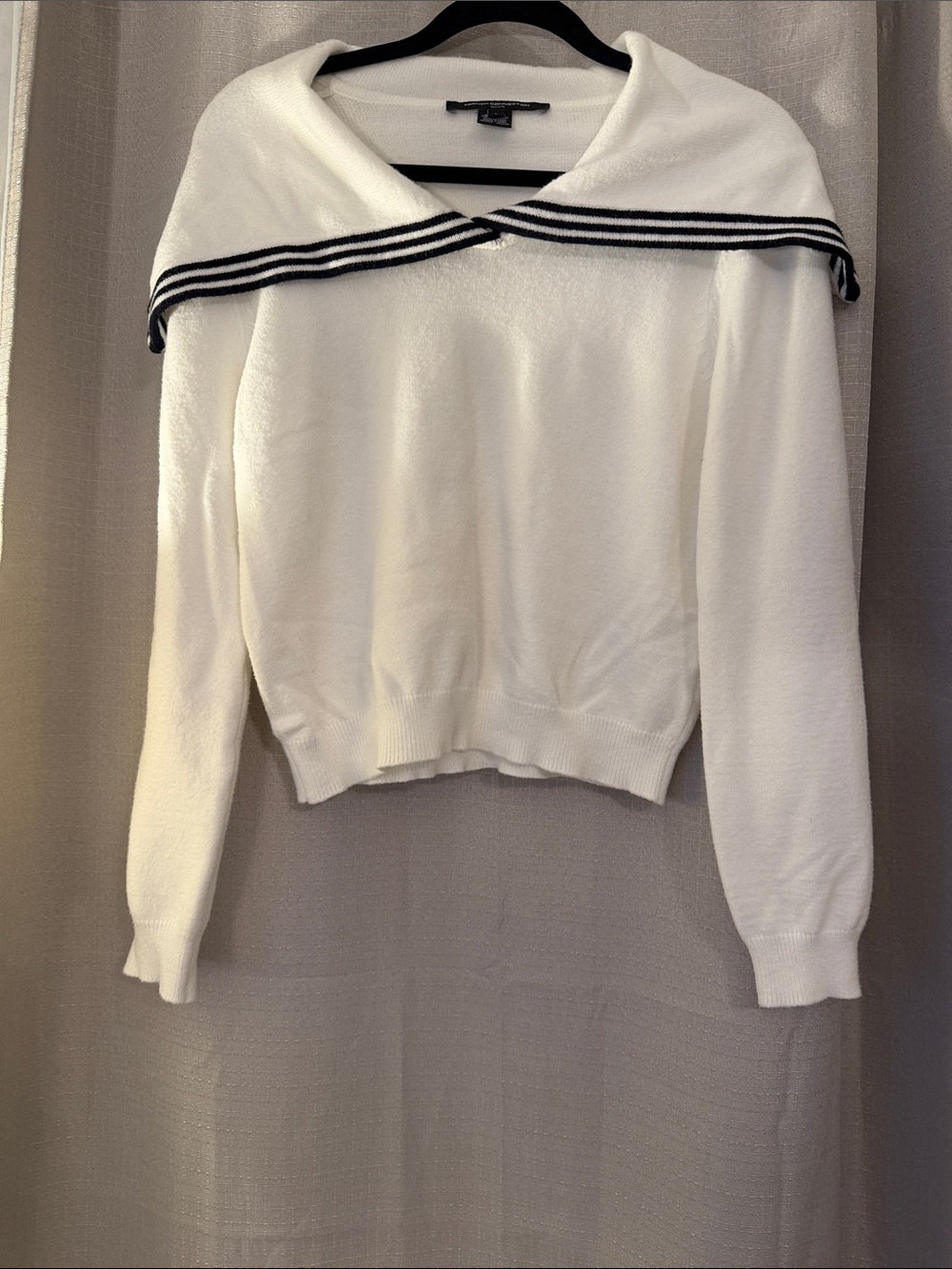 French Connection White Off-the-Shoulder Sweater with Navy Trim